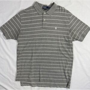 Polo Ralph Lauren Men's XL Gray White Stripped Polo Shirt Shirt Sleeve Pony